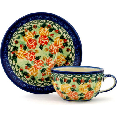Polish Pottery Cup with Saucer 7 oz Kaleidoscope Of Roses UNIKAT