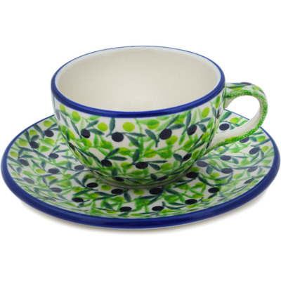 Polish Pottery Cup with Saucer 7 oz Olive Grove UNIKAT