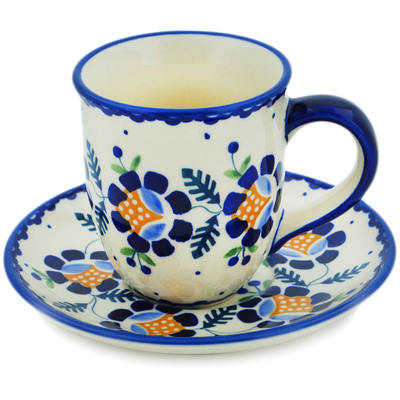 Polish Pottery Cup with Saucer 7 oz Orange And Blue Flower