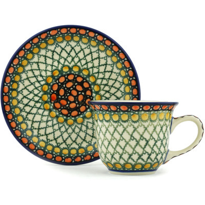 Polish Pottery Cup with Saucer 7 oz Orange Tranquility UNIKAT