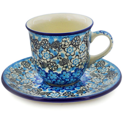 Polish Pottery Cup with Saucer 7 oz Out Of Blue UNIKAT