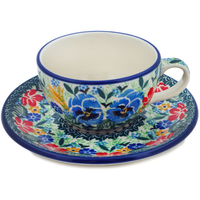 Polish Pottery Cup with Saucer 7 oz Pansy Twins UNIKAT