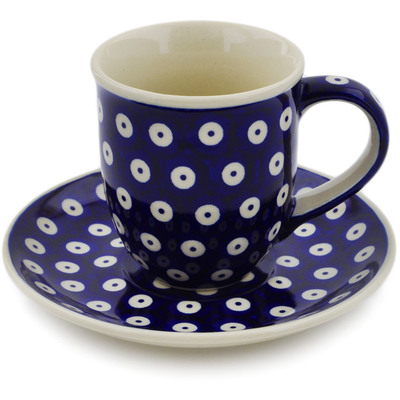 Polish Pottery Cup with Saucer 7 oz Peacock Eyes