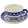 Polish Pottery Cup with Saucer 7 oz Peacock Forget-me-not