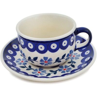 Polish Pottery Cup with Saucer 7 oz Peacock Forget-me-not