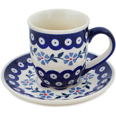 Polish Pottery Cup with Saucer 7 oz Peacock Forget-me-not