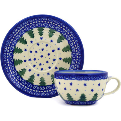 Polish Pottery Cup with Saucer 7 oz Piney Forest UNIKAT