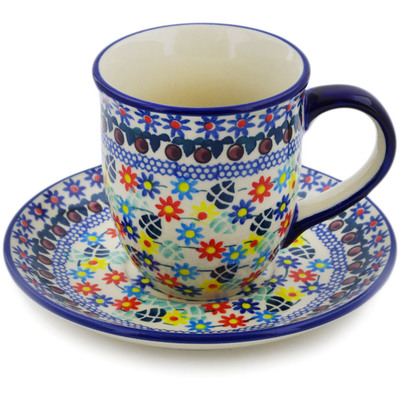 Polish Pottery Cup with Saucer 7 oz Primary Spring UNIKAT