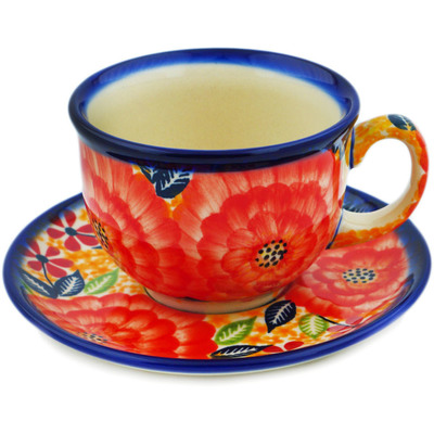 Polish Pottery Cup with Saucer 7 oz Red Fantasy UNIKAT