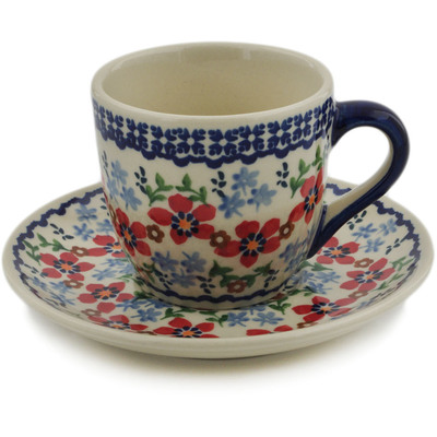 Polish Pottery Cup with Saucer 7 oz Red Flower Meadow