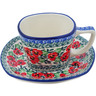 Polish Pottery Cup with Saucer 7 oz Red Pansy
