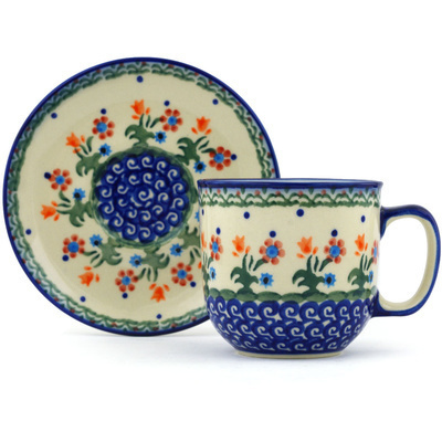 Polish Pottery Cup with Saucer 7 oz Spring Flowers