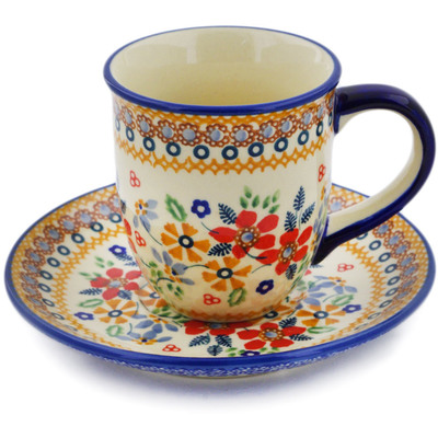 Polish Pottery Cup with Saucer 7 oz Summer Bouquet UNIKAT