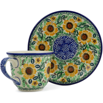 Polish Pottery Cup with Saucer 7 oz Sunflower Spring UNIKAT