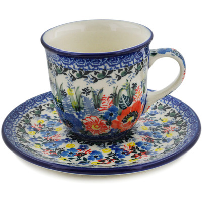 Polish Pottery Cup with Saucer 7 oz Touch Of Beauty UNIKAT