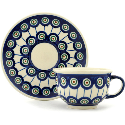 Polish Pottery Cup with Saucer 7 oz Traditional Peacock