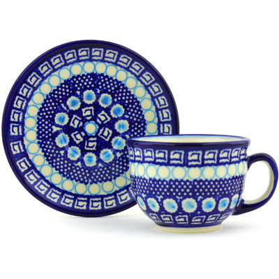 Polish Pottery Cup with Saucer 7 oz Tribal Blue