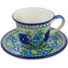 Polish Pottery Cup with Saucer 7 oz Wind Blown Blue Bells UNIKAT