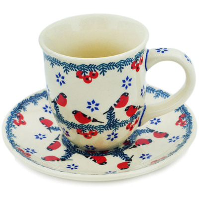 Polish Pottery Cup with Saucer 7 oz Winter Bullfinch