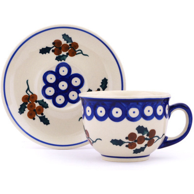 Polish Pottery Cup with Saucer 7 oz Yellow Holly Berries