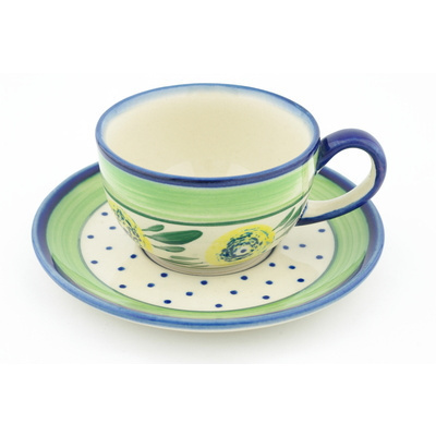 Polish Pottery Cup with Saucer 8 oz Limon Swirl