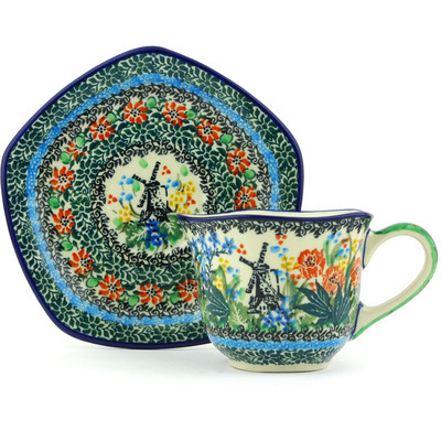 Polish Pottery Cup with Saucer 8 oz Windmill Meadow UNIKAT