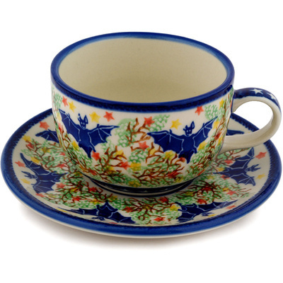 Polish Pottery Cup with Saucer 9 oz Bats In The Belfry