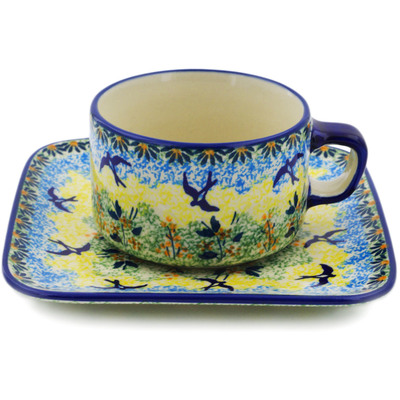 Polish Pottery Cup with Saucer 9 oz Birds In The Sunset UNIKAT
