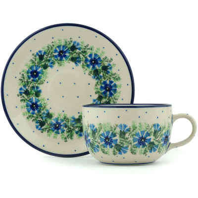 Polish Pottery Cup with Saucer 9 oz Blue Bell Wreath