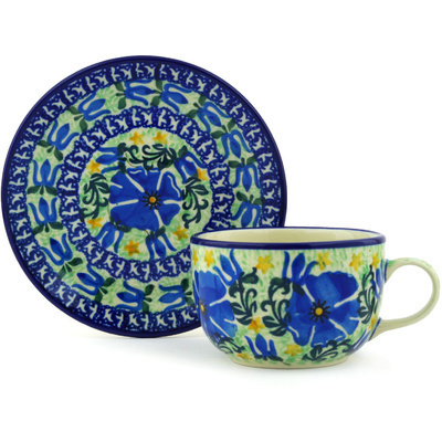 Polish Pottery Cup with Saucer 9 oz Blue Pansy Garden UNIKAT