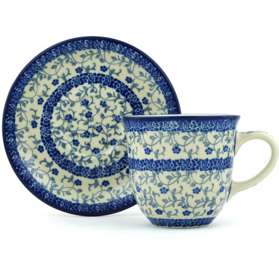Polish Pottery Cup with Saucer 9 oz Blue Vine