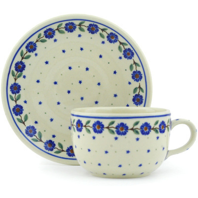 Polish Pottery Cup with Saucer 9 oz Blue Vine Waltz