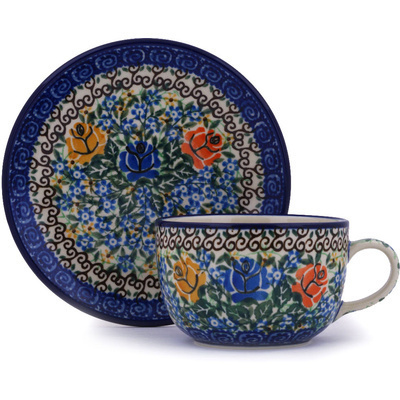 Polish Pottery Cup with Saucer 9 oz Bluebonnets And Roses UNIKAT