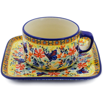 Polish Pottery Cup with Saucer 9 oz Butterfly Summer Garden UNIKAT