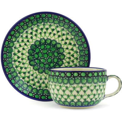 Polish Pottery Cup with Saucer 9 oz Ellie Green UNIKAT