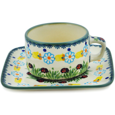 Polish Pottery Cup with Saucer 9 oz Flowers And Ladybugs