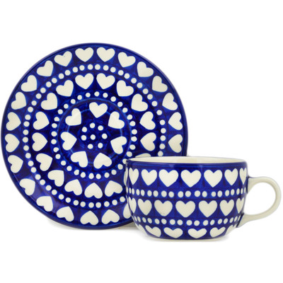 Polish Pottery Cup with Saucer 9 oz Heart To Heart