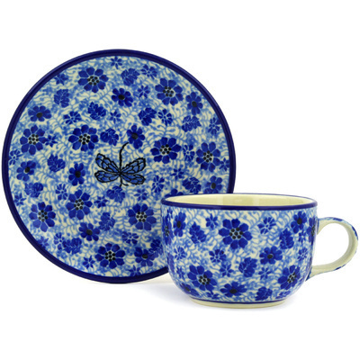 Polish Pottery Cup with Saucer 9 oz Misty Dragonfly