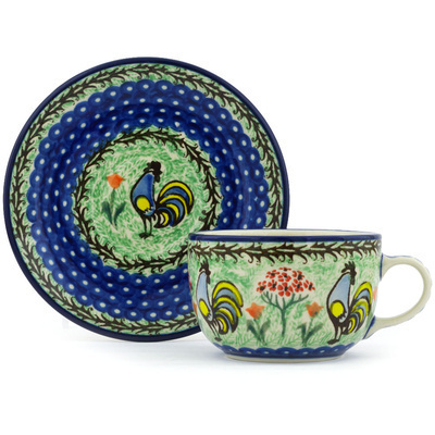 Polish Pottery Cup with Saucer 9 oz Rooster Dance UNIKAT