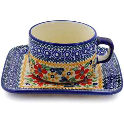Polish Pottery Cup with Saucer 9 oz Ruby Bouquet UNIKAT