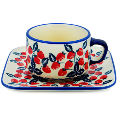 Polish Pottery Cup with Saucer 9 oz Strawberry Ivy UNIKAT
