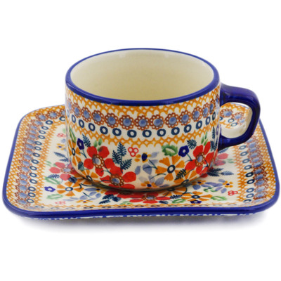 Polish Pottery Cup with Saucer 9 oz Summer Bouquet UNIKAT