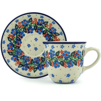 Polish Pottery Cup with Saucer 9 oz Summer Wreath