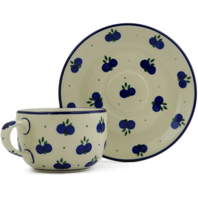 Polish Pottery Cup with Saucer 9 oz Wild Blueberry