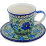 Polish Pottery Cup with Saucer 9 oz Wind Blown Blue Bells UNIKAT