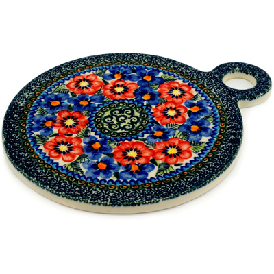 Polish Pottery Cutting Board 9&quot; Blue And Red Poppies UNIKAT