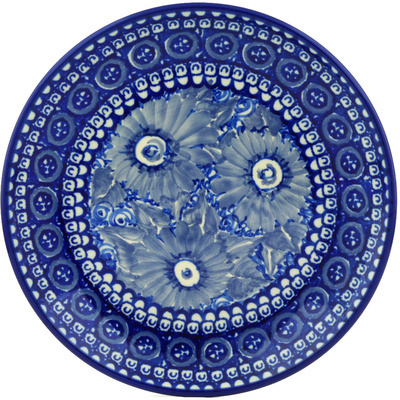 Polish Pottery Dessert Plate Blue Chrysanthemums UNIKAT