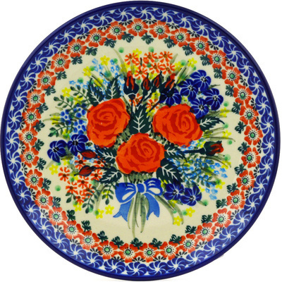 Polish Pottery Dessert Plate Blue Ribbon Roses UNIKAT