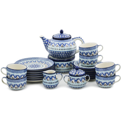Polish Pottery Dessert Set for 6 with Heater 40 oz Blue Ice