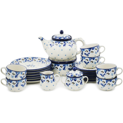 Polish Pottery Dessert Set for 6 with Heater 40 oz Blue Spring
